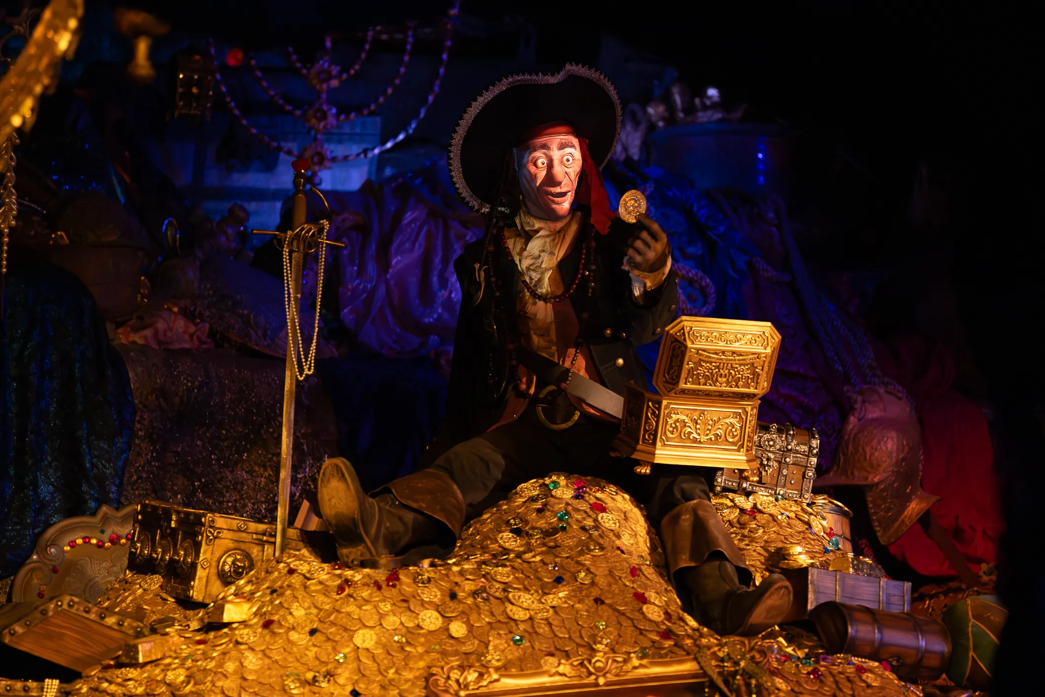 Disneyland's projection-mapped pirate animatronic in the Pirates of the Caribbean treasure grotto