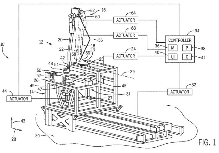 A diagram from Universal's Animated Figure Walking Mechanism patent