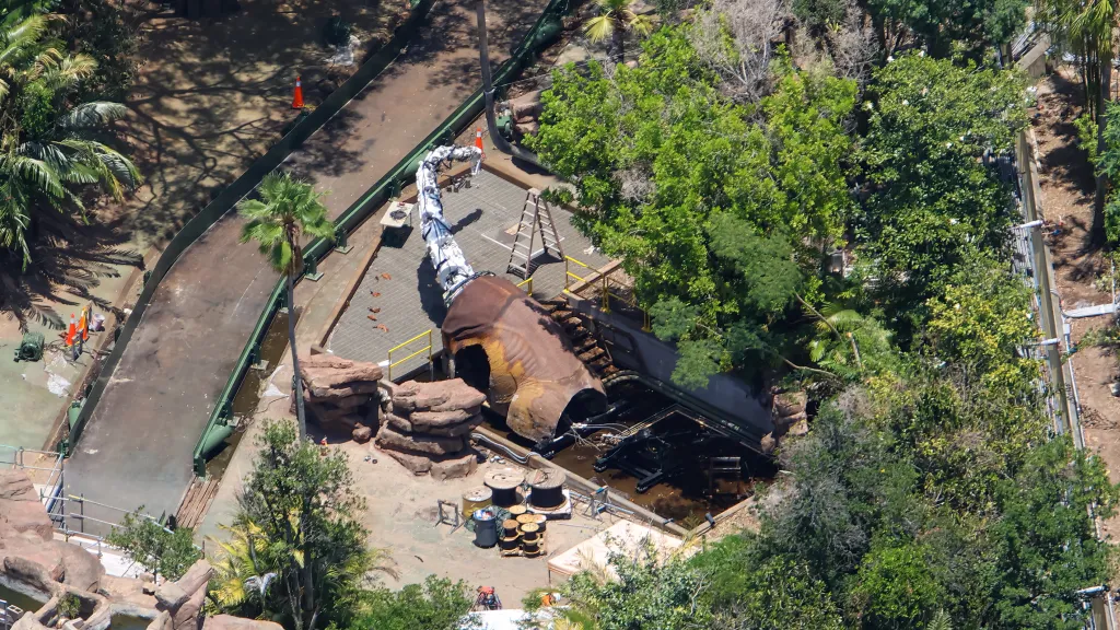 Aerial view of the Ultrasaur animatronic with its neck stripped to a white armature