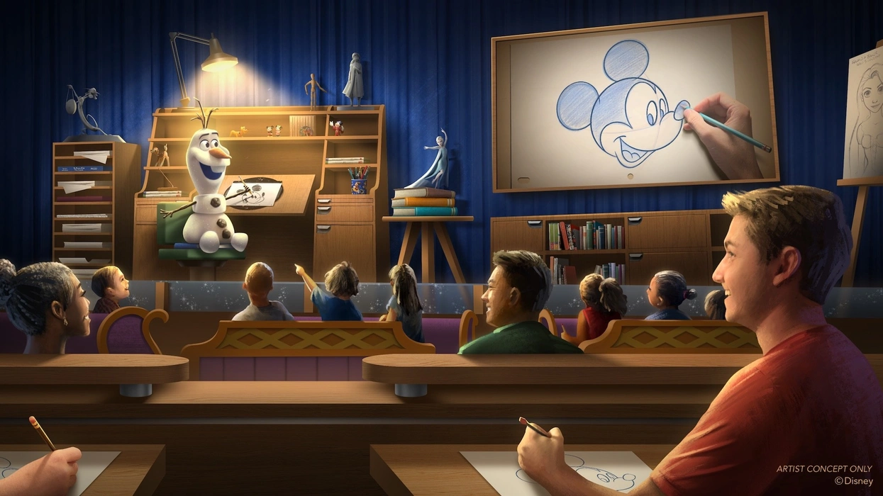 Concept art of the Olaf audio-animatronic drawing experience at Disney's Hollywood Studios