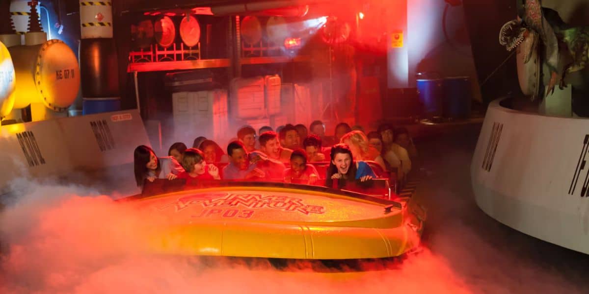 Guests riding Jurassic Park River Adventure at Universal Orlando Resort