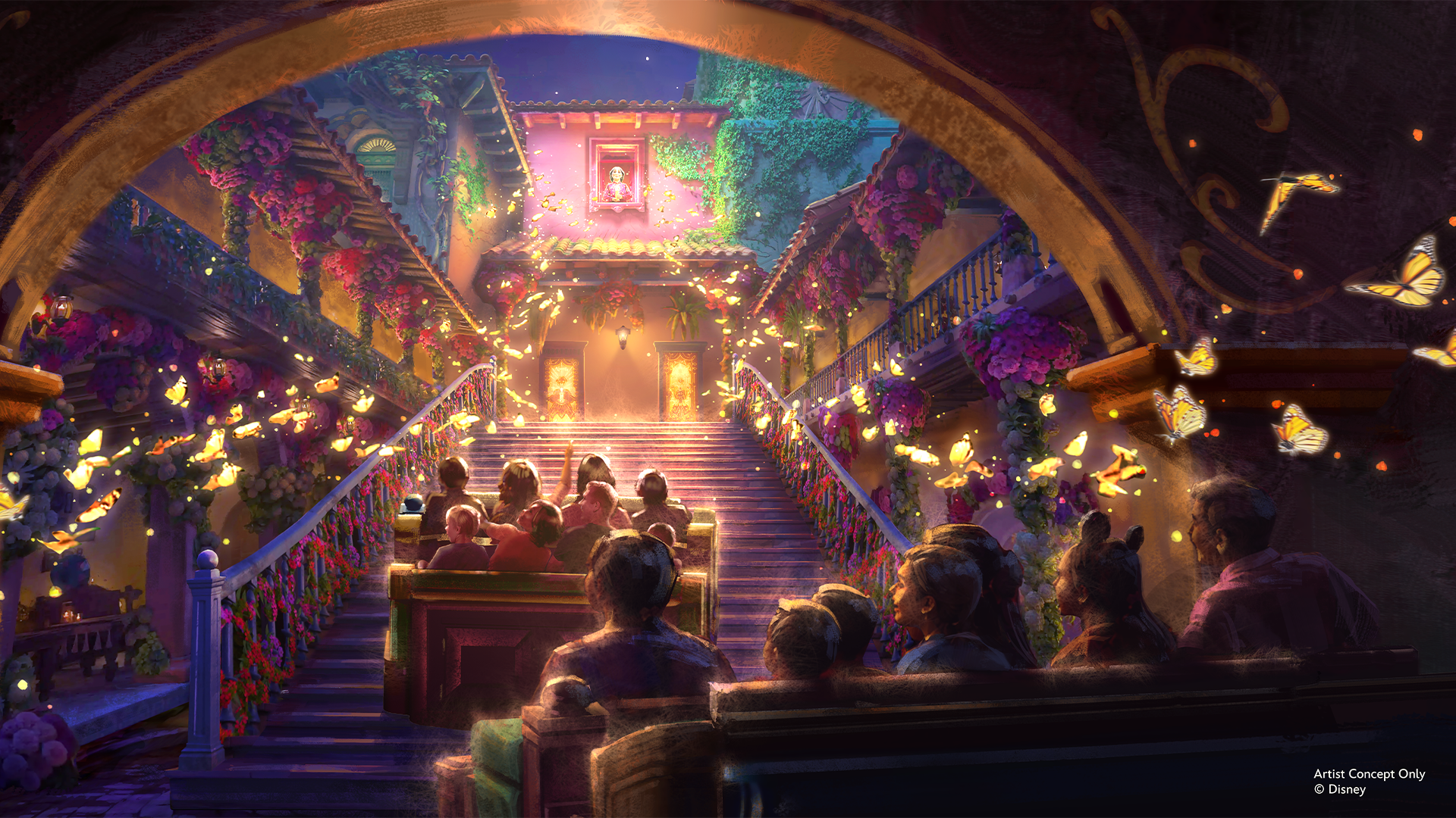 Concept art of the stairway inside Casita for the Antonio's Fiesta de Encanto ride at Disney's Animal Kingdom
