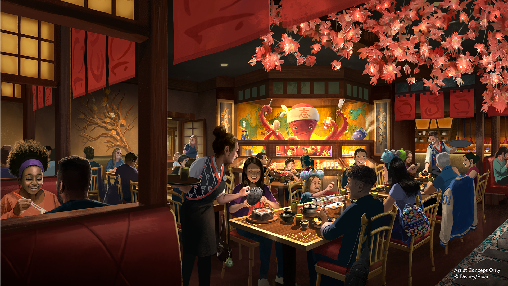 Concept art of Harryhausen's restaurant in Monstropolis, featuring the tentacled Audio-Animatronics sushi chef