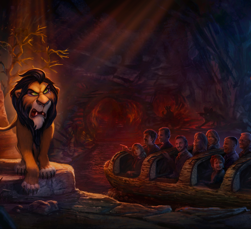 Concept art of the Scar Audio-Animatronics figure confronting Simba in the new Lion King water ride at Disney Adventure World