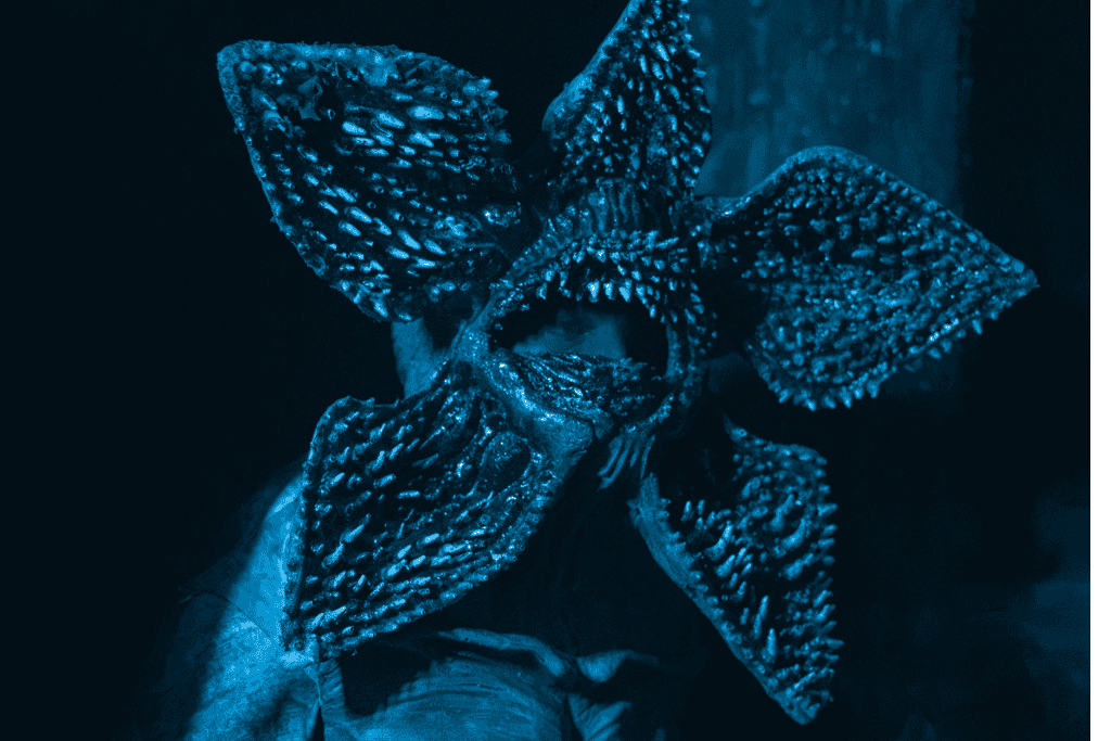The Stranger Things 5 haunted house at Halloween Horror Nights 2026, featuring a suspended Demogorgon animatronic