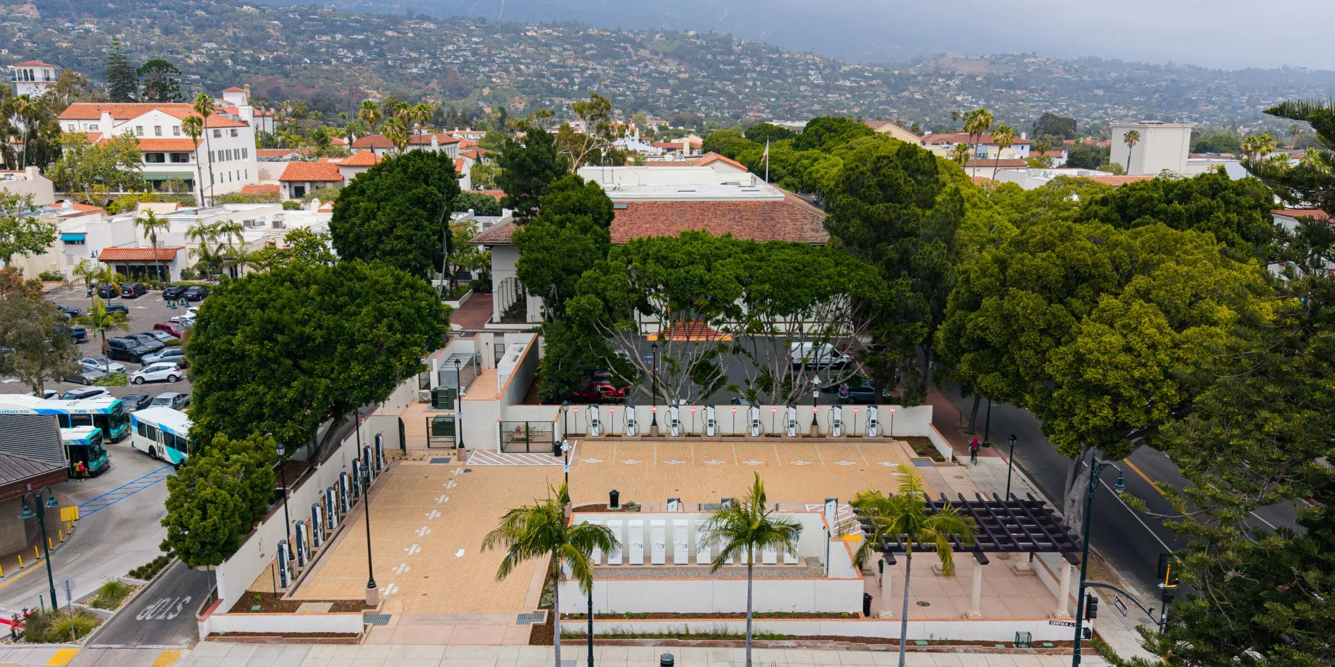 Overhead view of Electrify America’s Santa Barbara charging site