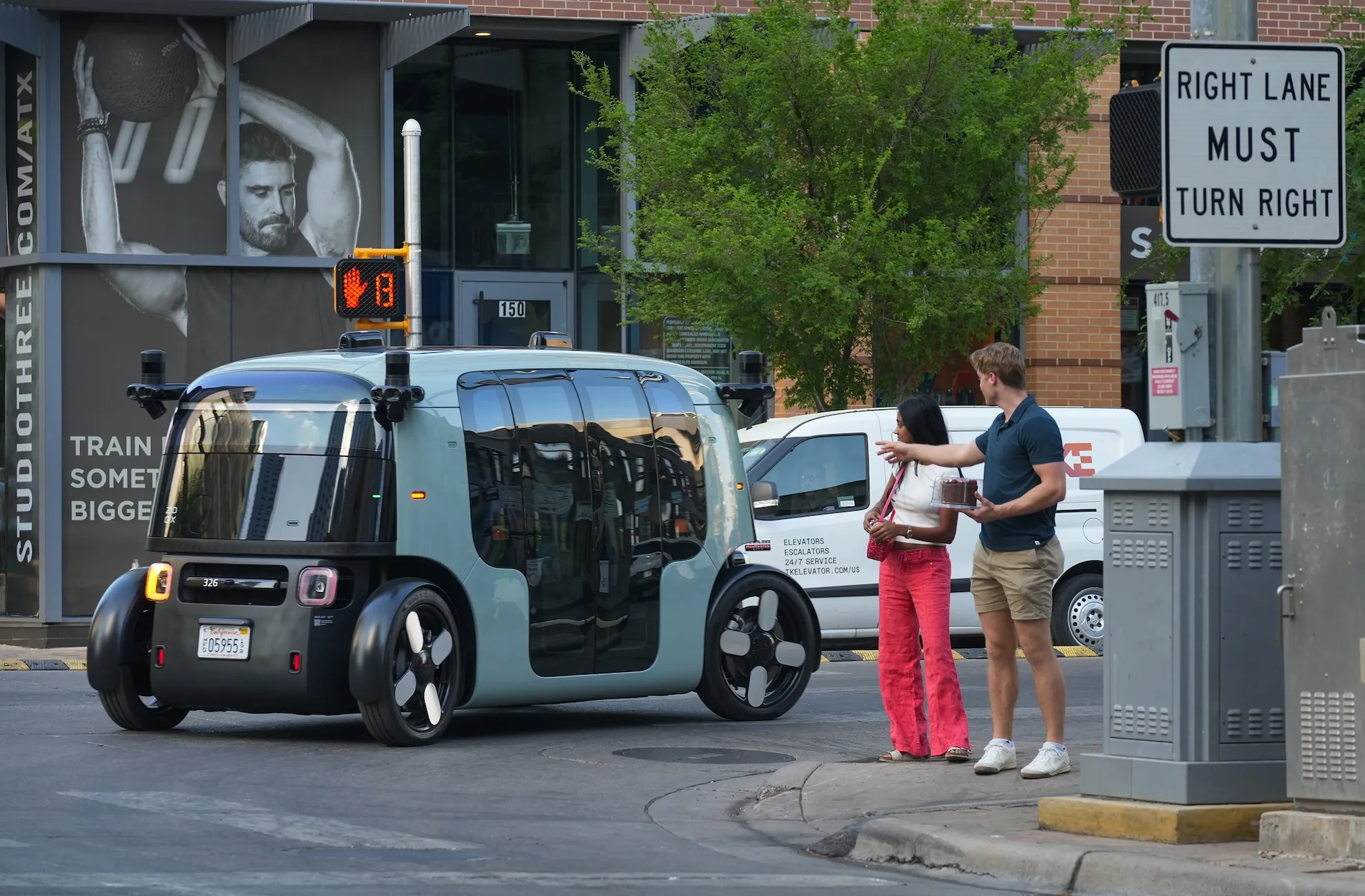A Zoox purpose-built robotaxi on the street in Austin, Texas.
