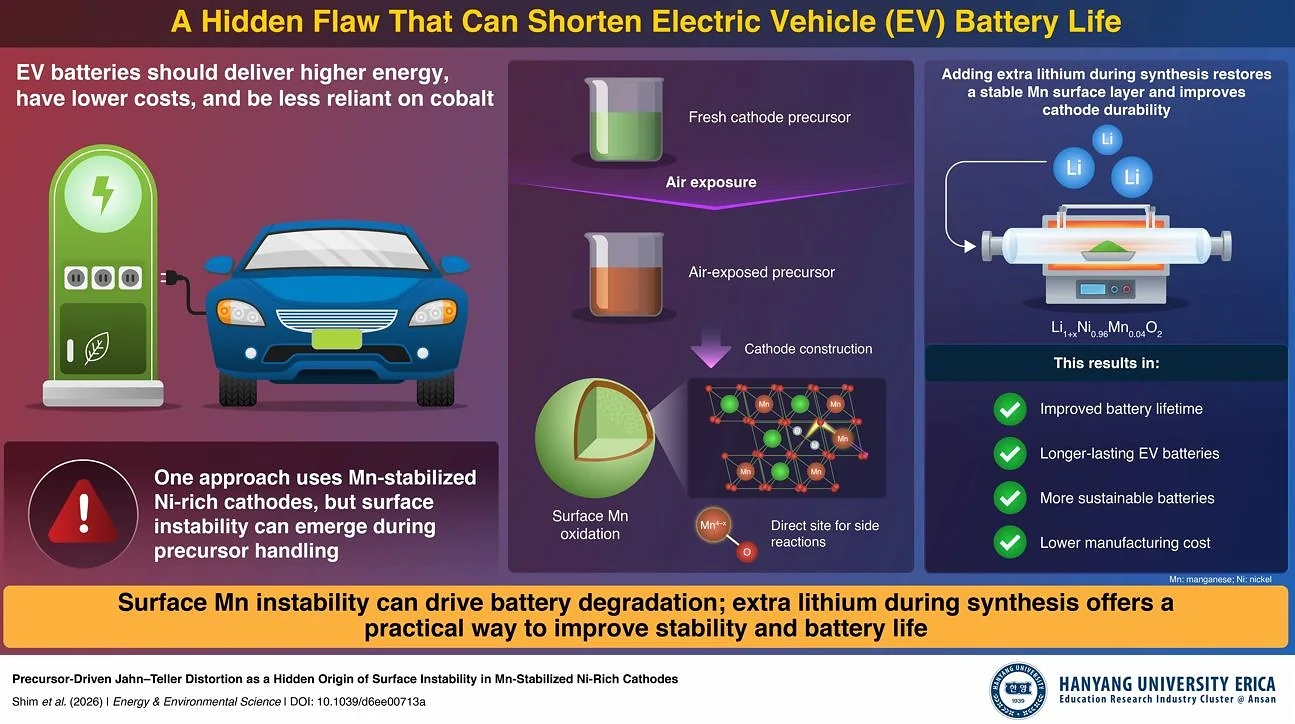 Hanyang University graphic showing the degradation mechanism in cobalt-free high-nickel cathodes.