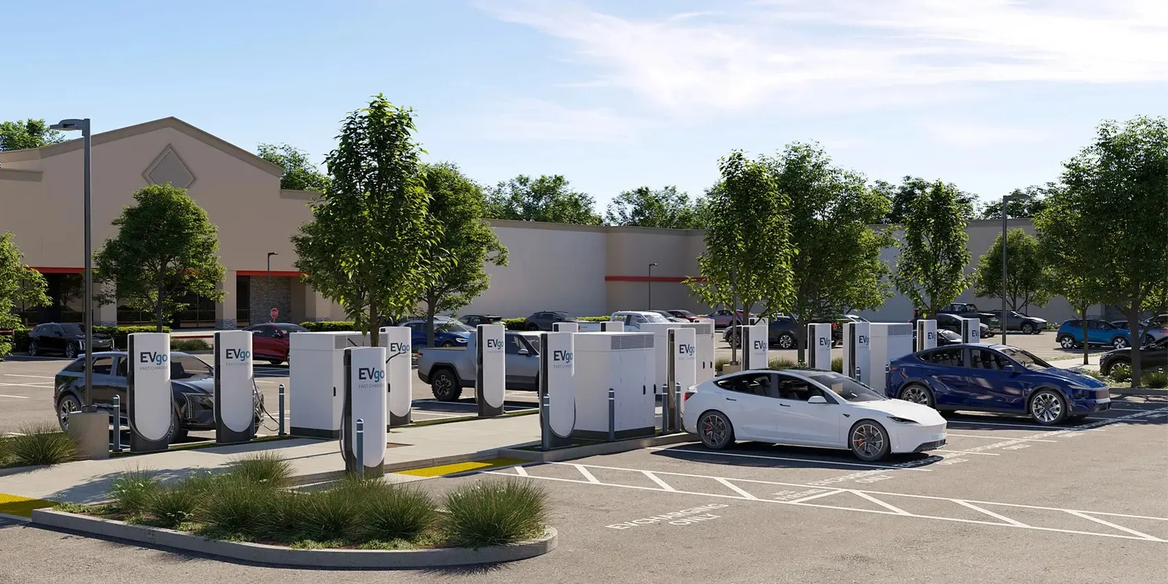 Rendering of an EVgo-branded Tesla V4 Supercharger site.
