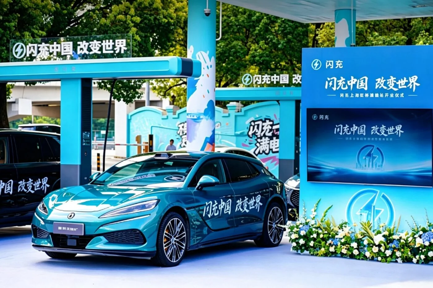 A charging park filled with BYD's T-shaped second-generation Flash Chargers in Shanghai.