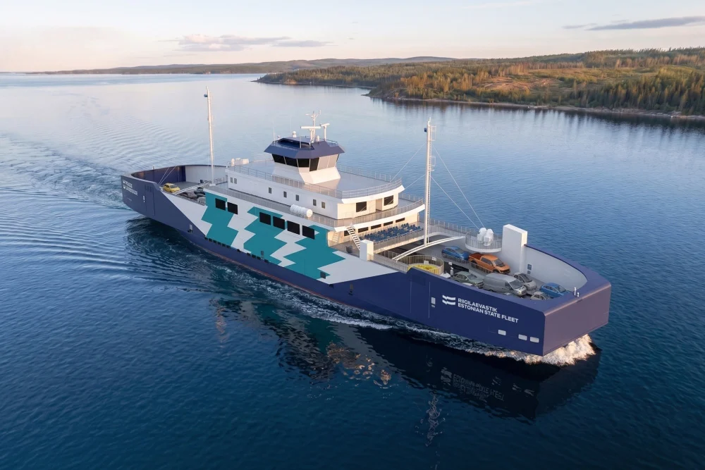 Designer's rendering of Estonia's new battery-electric ferry for the Virtsu to Kuivastu crossing.