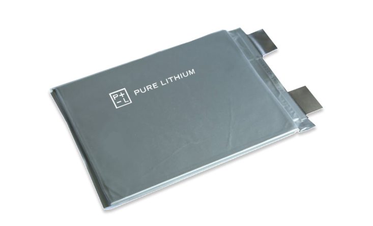 A Pure Lithium pouch cell photographed against a black background.