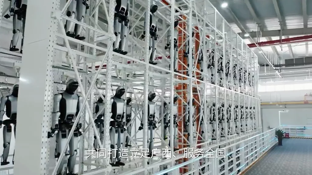 Dozens of UBTECH Walker S humanoid robots hanging in a multi-tier automated storage rack